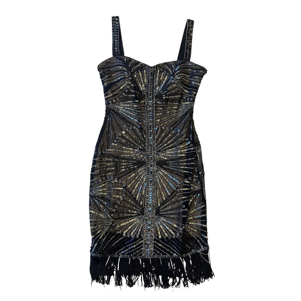 Bebe Black Beaded Sequin Fringe Cocktail Bodycon Mini Dress Size M Art Deco